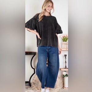 Blue Velvet band acid washed shirt sleeve sweatshirt with puff sleeves size L